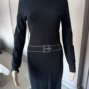 Black Long-Sleeve Belt-Print Knit Dress